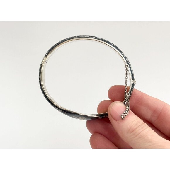 Siam Sterling Silver Bypass Style Hinged Nielloware Thai Made Vintage Bracelet - Picture 10 of 16